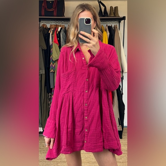 Free People Pink Cotton Gauze Voyager Oversized Relaxed Fit Tunic Shirt Dress - Picture 3 of 12
